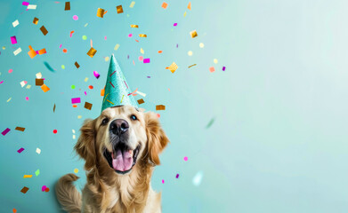 Golden Retriever with Hat Celebrating Birthday with Confetti on Blue Background with Copy Space