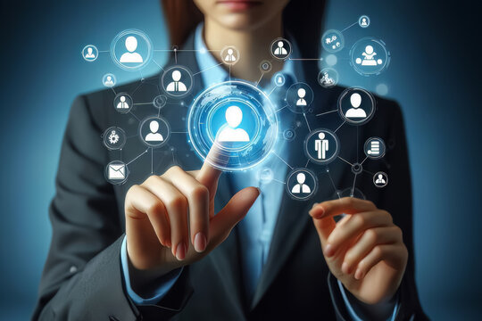 Business woman touching virtual icon customers of social network on blue screen