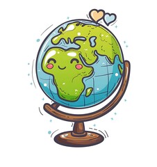 Cute Kawaii green Earth earth globe on stand, simple line art vector illustration clipart white background