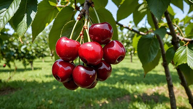 Close-up of ripe red cherries on a branch with green leaves in a cherry orchard.
