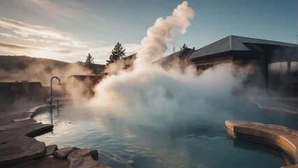An image of hot springs with mineral baths and steam clouds hovering above them