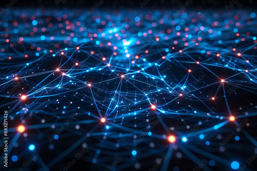 Poster futuristic digital network visualization with glowing nodes and connections, representing technology