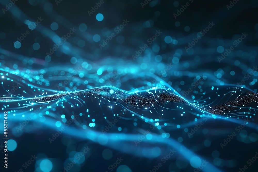 Poster abstract blue glowing lines and dots in a futuristic digital wave pattern. perfect for tech, science