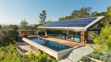 Solar panels on the roof of a beautiful modern home. Renewable energy for the home concept