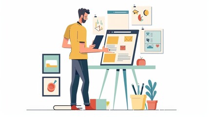 Man Designing Advertisement on Tablet, Ideal for Business and Marketing Graphics, Emphasizing 
