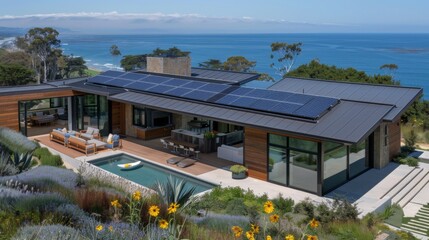 Solar panels on the roof of a beautiful modern home. Renewable energy for the home concept