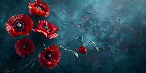 Red poppy flowers symbolize remembrance for fallen soldiers on Memorial Day. Concept Memorial Day, Red Poppies, Fallen Soldiers, Symbol of Remembrance