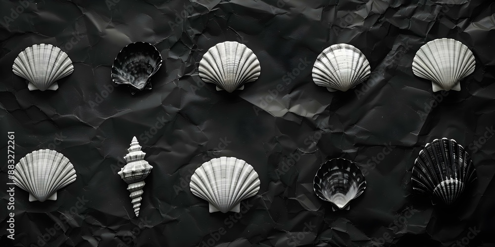 Poster simple seashell silhouette logo design featuring various bivalve shells in black. concept seashell, 