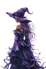 back view of a pretty elegance witch wearing purple hat and dress with energy emerge around, PNG clipart isolated transparent background illustration