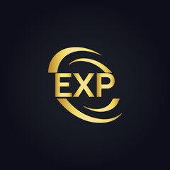 EXP logo. E X P design. White EXP letter. EXP, E X P letter logo design. E X P letter logo design in GOLD, GOLDEN LOGO, THREE, style. letter logo set in one artboard. E X P letter logo vector design.