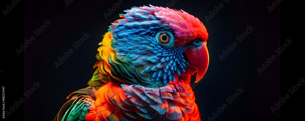 Poster Vibrant Neon Parrot with Glowing Multicolored Feathers Against Black Background