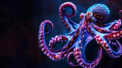 Naklejka premium Neon Glow Octopus Spreading Tentacles Against Dark Background