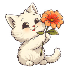 Cute Cat With Flower Cartoon Sticker, Kawaii Sticker, Transparent Background