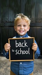 A cheerful young boy holding a chalkboard sign that reads "back to school." - AI Generated Digital Art