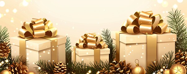 Gift boxes with golden bows surrounded by pine cones and evergreen branches set against a backdrop of twinkling lights capturing the essence of a festive Christmas celebration