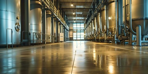 Interior of milk factory equipment at dry plant general view. Concept Milk Factory, Equipment, Dry Plant, Interior, General View