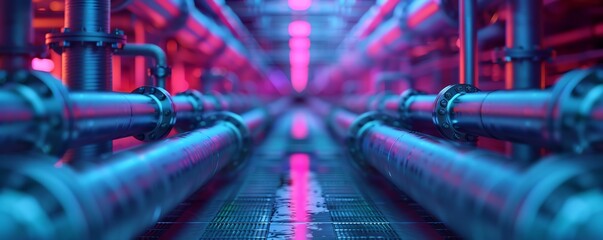 Cooling coil installation, holographic factory layout, advanced technology, neon blue tones