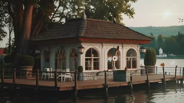 house by the lake, 4K seamless looping virtual video animation background