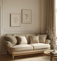 Elegant living room with mock-up poster frames above the pretty couch