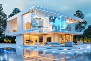 AI-powered smart home with interactive holograms, wide angle, evening with ambient lighting, modern minimalist decor, architectural digest style