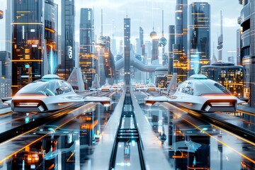 Futuristic cityscape at dawn with flying cars and holograms, low angle, neon lights reflecting on wet streets, ultra-modern skyscrapers in the background, cinematic style
