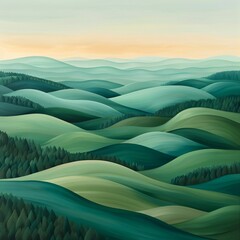 Obraz premium Green hills flowing like a sea of soft waves with each curve gracefully blending into the next creating a soothing rhythmic landscape under a pale sky