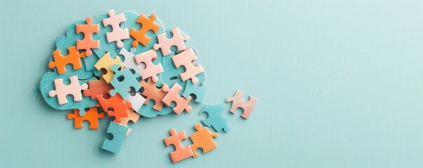 A brain made of puzzle pieces on a blue background.