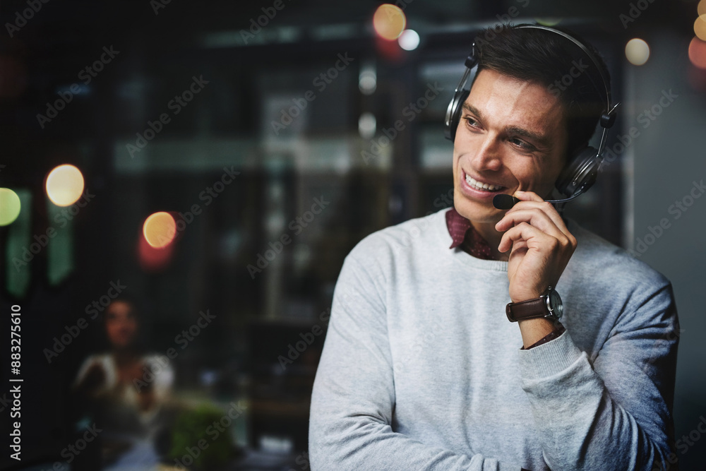 Aufkleber telemarketing, man and consultant with microphone for customer support with communication and faq se