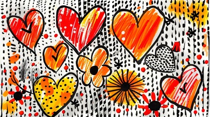 Hand drawn seamless pattern with hearts spots whimsical shapes and floral elements space for text vibrant and playful ink