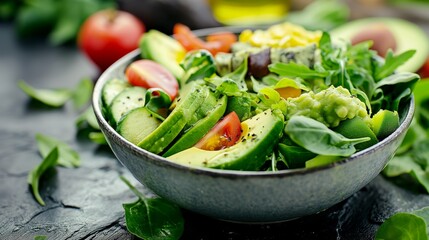Fresh avocado salad with tomatoes, cucumbers, and greens.