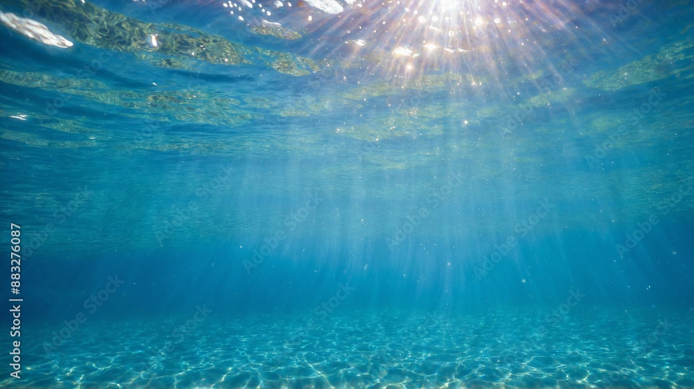 Poster tranquil underwater scene, a peaceful underwater scene bathed in warm sunlight filtering through the