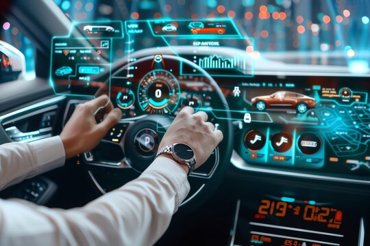 A person customizing a car's digital dashboard interface with various settings and options, copy space for text, focus cover all object, deep depth of field,