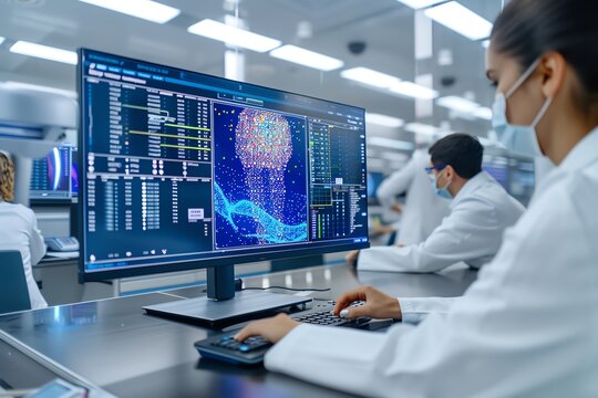 A medical research team using artificial intelligence software on a large interactive display to analyze genetic data