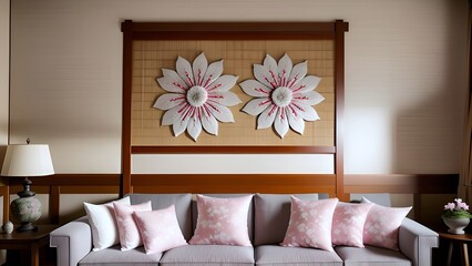 A  living room with a gray sofa and floral pillows, a lamp, and a  decorative floral artwork.