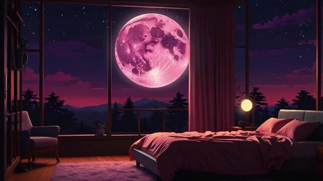 A cozy pink bedroom by a full moon a large window. Soft, lofi music visualizer elements pulse in sync the music, creating a relaxing ambiance, 4k 2D Japanese anime-style purple colors manga Lofi