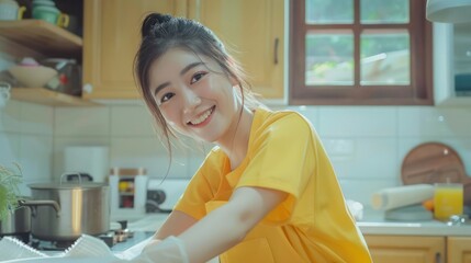 Fototapeta premium Asian young cleaning service woman worker clean kitchen table at home. Beautiful young girl housekeeper cleaner feel happy and wiping messy dirty cooking counter for housekeeping housework or chores.