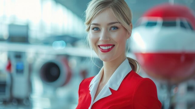 Beautiful and attractive Caucasian flight attendant staff smiling and walking with confidence face and happiness in airport terminal to the airplane. Cabin crew or hostress occupation concept. 