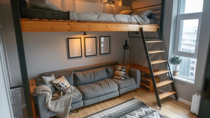 Discover the modern sophistication of a compact loft studio apartment, where the living room is adorned with a stylish couch placed underneath a lofted bed accessed via a ladder. 