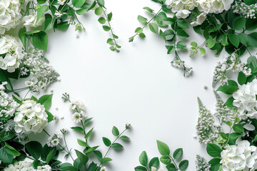 Naklejka premium White flowers with leaves frame and white background