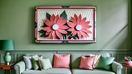 A green sofa with pink and green cushions, a green lamp, and a framed picture of pink flowers.