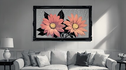 A minimalist living room with a framed painting of two flowers in the rain, a white sofa with pillows, a lamp, and a side table.