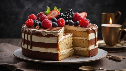 A beautifully layered vanilla and chocolate cake topped with fresh berries and a chocolate drizzle, displayed on a plate with elegant tableware.
