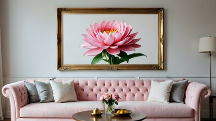 Pink velvet sofa with gold accents and a framed lotus flower print.