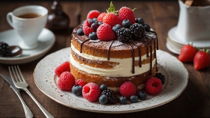 A stunning naked cake adorned with fresh berries and a chocolate drizzle, served on a plate with a cup of coffee on the side.
