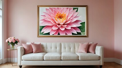 A pink flower painting on a wall with a white sofa and a side table.