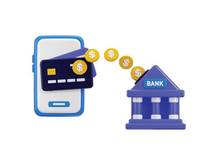 3D Online money transfer icon on online credit card wallet with for financial bank transaction, money online transaction, online payment, business finance, transfer on mobile bank icon