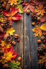 Cozy fall composition with a corner border of colorful autumn leaves, mixed nuts, and pine cones