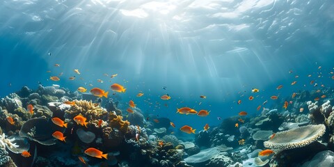 Wide underwater coral reef panorama with colorful fish in deep blue ocean. Concept Underwater Photography, Coral Reefs, Colorful Fish, Deep Blue Ocean, Panoramic Views