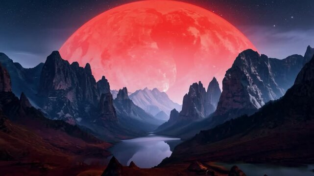 Alien landscape with red moon and jagged mountains.