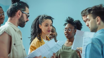 A diverse group of actors in casual clothing rehearse a scene together, their scripts in hand, against a pale blue background, highlighting collaboration. - Powered by Adobe